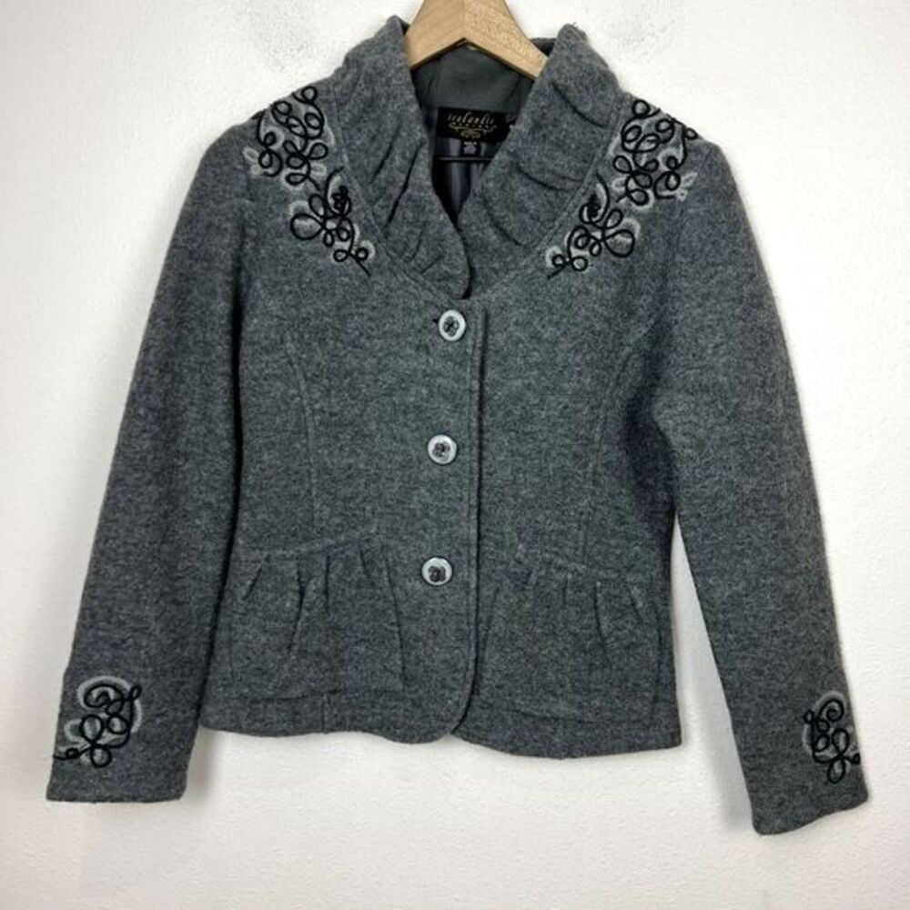 Icelandic Design‎ Embroidered Jacket Boiled Wool Womens Size S Gray Artsy Lined